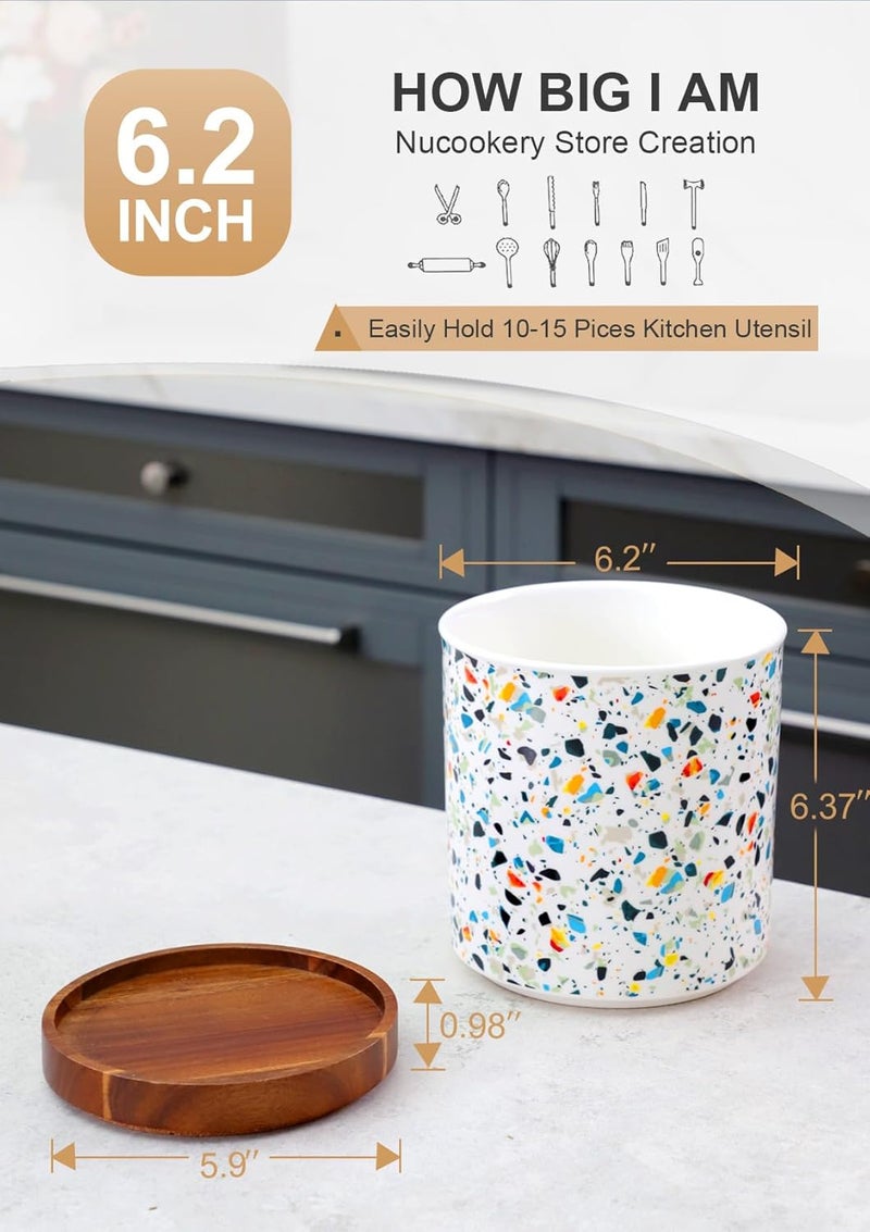 Nucookery 360°Rotating Utensil Holder, 7.2" Kitchen Utensil Crock, Ceramic Cooking Utensil Organizer with Countertop-Protection Cork Bottom for Farmhouse Kitchen Decor Christmas (Marble Pattern) - Image 2